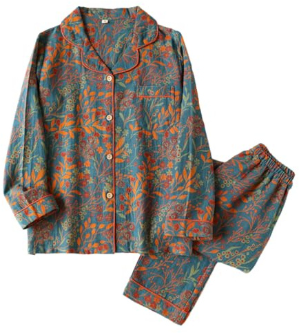 LXSNZARUY Pigiama puro floreale colorato con scollo a foglia di ginkgo, set di abbigliamento da casa con risvolto a foglia vintage, accogliente cappotto per la casa in puro cotone, Blu con motivo a