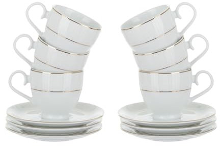 KASANOVA Lot de 6 tasses à café en porcelaine blanche Strippy Gold