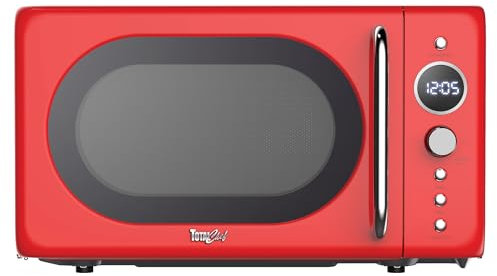 Total Chef Microwave Oven 20L 700W Retro Mini Ovens Digital LED Display 8 Preset Modes 60 Min Timer 5 Cooking Power Levels Removable Glass Turntable Countertop Freestanding Small Microwaves Red