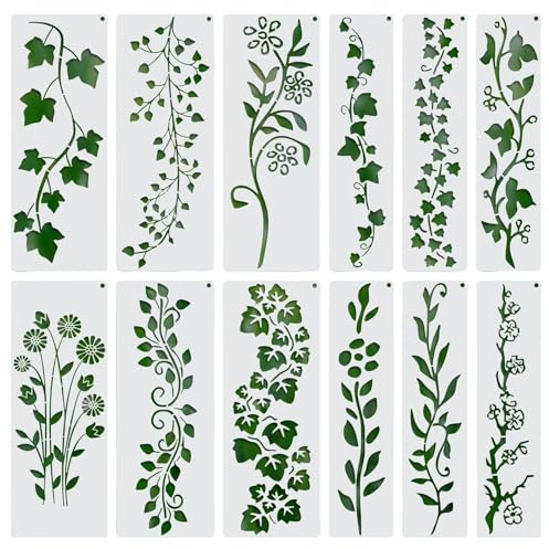 Heyumybit Pochoirs de Vigne,12 Pièces Pochoirs Fleurs Sauvages,Pochoir de Peinture Réutilisable,Floraux pour Peinture Sur Bois Dessin Toile Bricolage Décoration D'Intérieur Art Mural