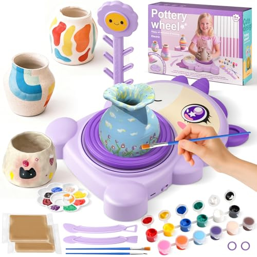Tour de Potier pour Enfants - Kit Complet Art et Peinture sur Céramique avec 2 Pack d'Argile Autodurcissante-Loisirs Créatifs pour Filles et Garçons de 6 à 14 Ans - Idée Cadeau Anniversaire et Noël