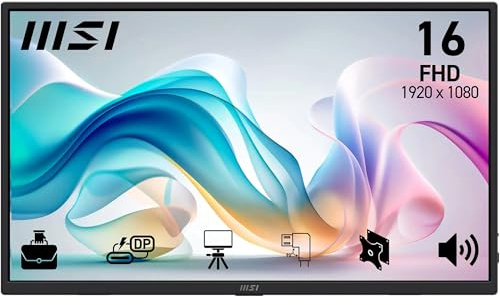 MSI Pro MP165A E6 Monitor portátil de 15,6 FHD, 1920 x 1080 IPS, 60 Hz, 4 ms, protección Ocular, Altavoz/micrófono Integrado, HDMI 2.0b, USB C (15 WPD), Montaje Vesa, Negro