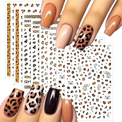 CHarmeFleur 8 hojas de pegatinas de uñas de leopardo para diseño de uñas 3D adhesivas decoraciones de uñas holográficas estampado de leopardo serpiente tigre pegatinas de uñas coloridas