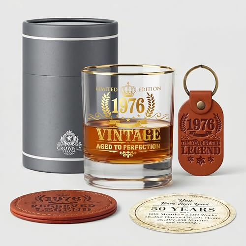 CROWNLY CRYSTAL Bicchiere Whisky 1976 Regalo Uomo 50 Anni Compleanno Idee Regalo Originali Papà Marito Calice Vintage Degustazione Rum Amaro Gadget Festa 50esimo Anniversario Decorazioni Natale