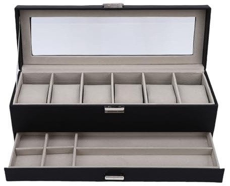 Focket Scatola per Orologi, Custodia per Orologi a 6 Scomparti con Cassetto, Coperchio in Vetro e Cuscino Rimovibile, Organizer per Gioielli in Pelle a 2 Strati per Uomo Donna