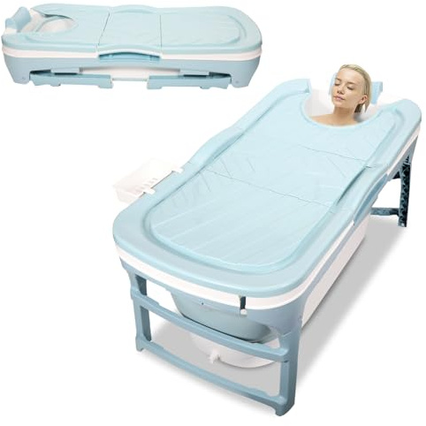 Fogmiea Bañera plegable para adultos 118x60x50cm, bañera plegable compacta para adultos, plegable 22 cm con tapa, doble desagüe, tubo de drenaje y cesta de almacenamiento, para ducha y baño pequeño