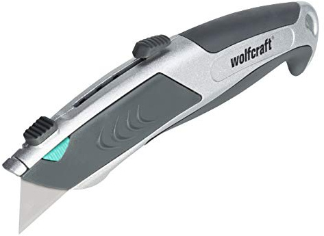 wolfcraft Auto-Load Utility Knife - Professional Retractable Box Cutter | Robust metal casing, soft grip handle, integrated magazine with 6 replacement blades for continuous use. Art. 4320000