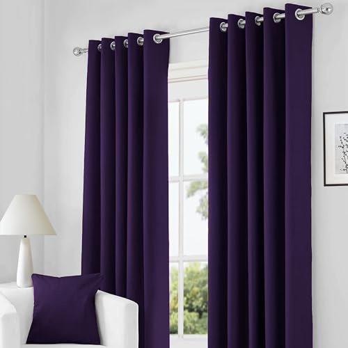 RayyanLinen Readymade Blackout Thermal Eyelet Ring Top Pair of Curtains Including 2 Tiebacks (AUBERGINE PURPLE, Width 66 x Drop 72)