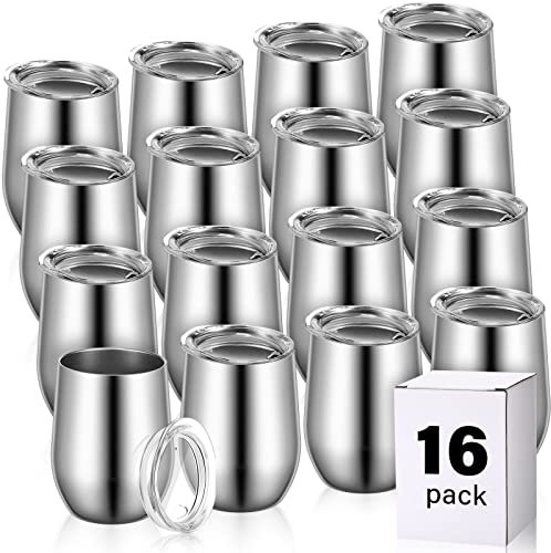 Remagr 16-pack vinglas i rostfritt stål, 340 ml isolerat vakuum-vinglas set med dubbelvägg, rostfritt stål, utan ram, vinmugg för vin kaffe läsk, whisky, utomhusresor (silver)
