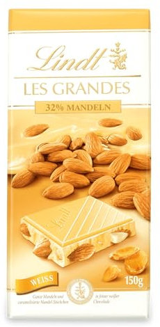 Lindt Schokolade | LES GRANDES Tafel Weiß und Mandel | 150g | Weiße Schokolade mit ganzen- und karamellisierte Mandel-Stückchen | Schokoladen-Tafel