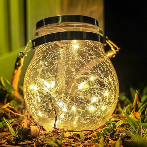 M Ledme - Lanterna Solare da Esterno, Luce Calda, Lanterne Solari SphereGlass in Vetro Crackle per Giardino, Luce Solare con Supporto Removibile, Prato, Natale, 2W, LM8074