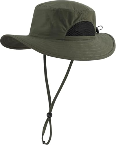 Magracy Chapeau de soleil réglable en maille à large bord pour enfants avec protection UV, vert militaire, M