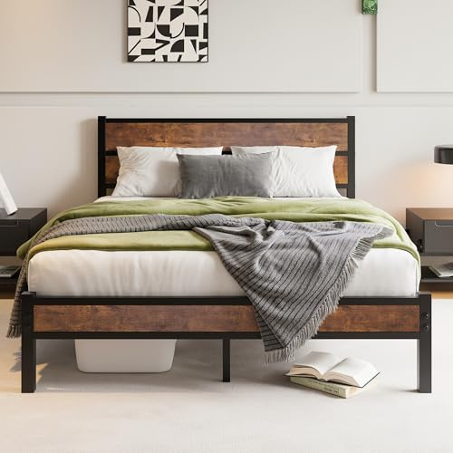 DUMEE King Size Bed Frame with Wooden Headboard Bed Frames King Size Under Bed Storage, No Box Spring Needed, Enhanced Support Noise Free (Black+Brown Oak)