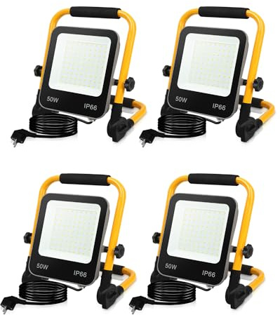 Randaco LED Baustrahler, 4x50W 5000LM Tragbar LED Arbeitsleuchte Baustrahler 6000K Kaltweiß Bauscheinwerfer, IP66 Wasserdicht mit 3M Kabel und Faltbarer Ständer, für Baustelle (mit Stecker)