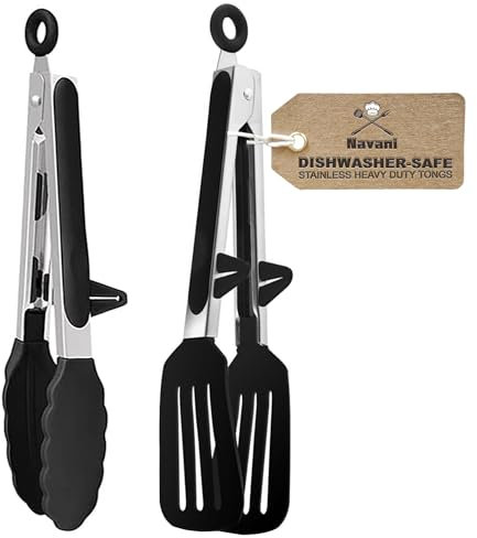 Navani silicone kitchen tongs, 9 inch, set of 2, for cooking & air fryer, black 2-pack