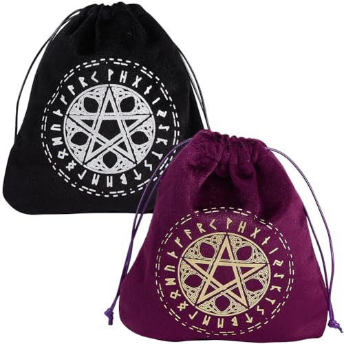 CREATCABIN 2 bolsa Tarot Pentáculo Terciopelo,Bolsa Almacenamiento para Tarjetas Tarot,Juego Soporte Runas con Cordones,Embalaje Grande para Tarjetas Tarot,Joyas Cristal,Dados,16.5x15cm,Negro Morado