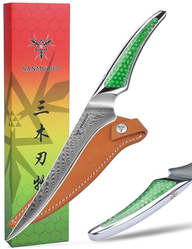 SANMUZUO Couteau à Filet 18 CM en Acier Damas Japonais VG-10 - à Poisson et Désosser Ultra Tranchant - Manche Pleine Soie en Résine Verte - Série LA-S9