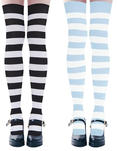 ASFWAGQ Calzini da donna extra lunghi colorati a righe, comodi calzini alti alla coscia, 2 paia di calzini alti Y2K alti sopra il ginocchio in colori vivaci per carnevale, nero e blu., Taglia unica