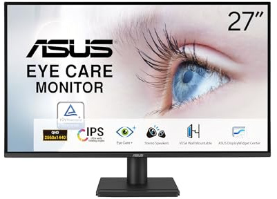ASUS 27” 1440P Eye Care Monitor (VA27AQ) - IPS, QHD (2560 x 1440), 99% sRGB, Frameless, HDMI, DisplayPort, VGA, 1ms, Speakers, Low Blue Light, Flicker Free, VESA Wall Mountable, 3 yr Warranty