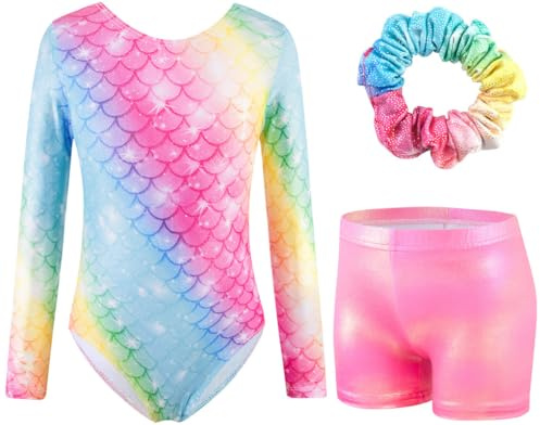 XiaoMoSha Girls Three-Piece Gymnastics Leotards Set Long Sleeve Leotards with Shorts and Hairband Sparkly Ballet Dance Unitards Gradient Color Gymnastics Outfits for Kids, ColorfulMermaid, 3-4 Years