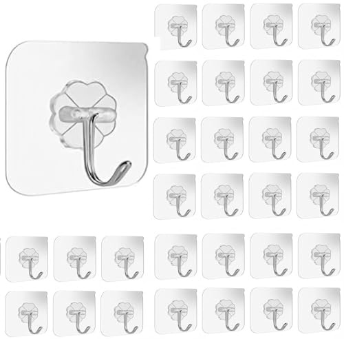 30Pcs Large Hooks for Hanging Heavy-Duty 22lb(Max), No Drill Extra Strong Wall Hangers Self-Adhesive Traceless Clear and Removable, Waterproof and Rustproof Multiple Uses for Bathroom Kitchen Home