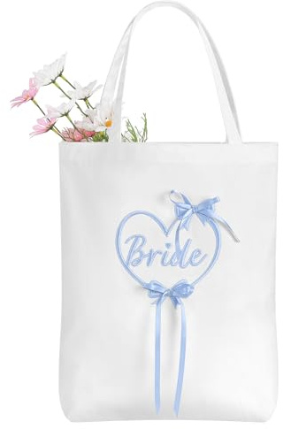 Etercycle Bride Tote Bag, Something Blue Bride Embroidery Bridal Shower Gifts, Canvas Wedding Purse Handbags With Zipper Pocket For Bachelorette Party Bridesmaid Honeymoon Bride To Be Decorations