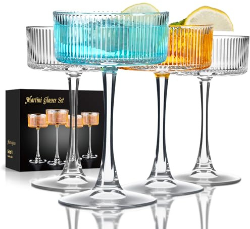 FrutPunch Martini Glasses Set of 4, 8OZ Ribbed Coupe Glasses, Bar Drinking Glass Set, Suitable for Cocktails, Wine, Champagne and Gifts