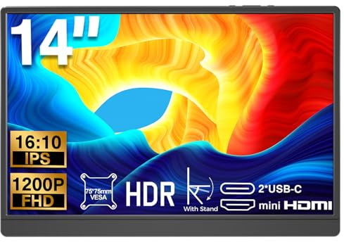 DHPL 14 Inch Portable Monitor, FHD 1920x1200 IPS16:10 Display with Built-in Kickstand, USB-C/HDMI Plug and Play, Compatible with Laptop, PC, Mac, Mobile, PS5, PS4, Xbox, Switch