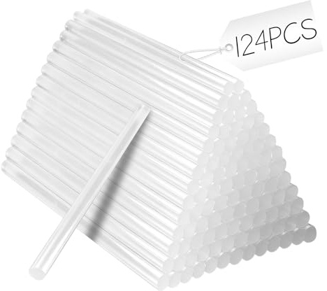 124 stycken varmklisterbroderier 7 mm x 150 mm, självhäftande pennor, transparenta självhäftande pennor, snabbtorkande, lämpliga för manuellt arbete och reparationer