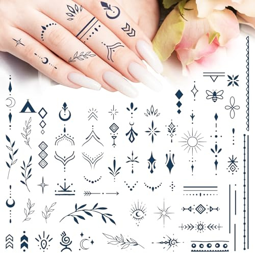 2 Sheets Temporary Finger Tattoos for Women, Semi-Permanent 2 Weeks Waterproof Realistic Fake Hand Tattoos, Fine Line Boho Leaf Celestial Moon Sun