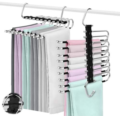 ZPQAODI 2 Perchas Pantalones 9 En 1, Pantalones Ahorra Espacio, Perchas Pantalones Ahorra Espacio, Percha Pantalón Plegable, Percha De Acero Inoxidable para Vaqueros, Faldas, Corbatas (Negro)