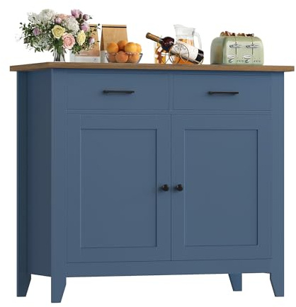 HOCSOK Credenza Armadio da Cucina con 2 Cassetti, Mobiletto Portaoggetti con Ripiani Regolabili, Armadio di Stoccaggio in Legno, 82x40x91cm (Blu)