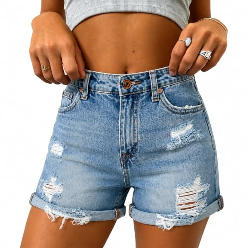 Fjquamitix Denim Shorts for Women High Waist Ripped Denim Shorts Straight Cut Rolled Hem Jeans for Women UK Casual Summer Stretchy Ladies Jeans (UK, Alpha, S, Regular, Regular, Light Blue)