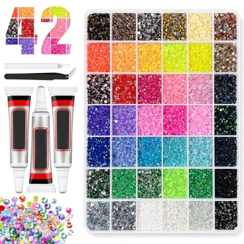 42 Colores Bedazzling Kit 32000 Strass para Pegar 3 mm Diamantes | para Manualidades Ropa Zapatos Nail Art, con Pegamento Pinzas y Bolígrafo