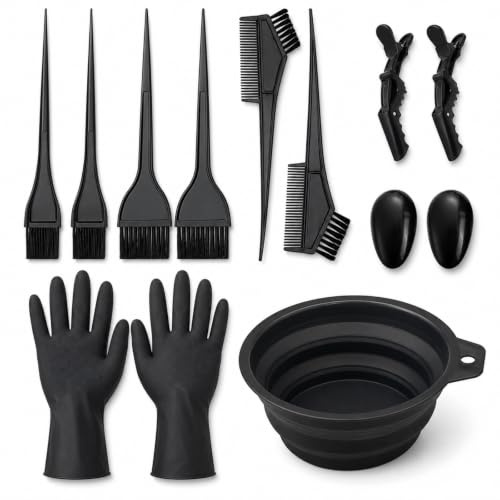 11-Piece Hair Dye Bowl and Brush Kit for At-Home Colouring | Foldable bowl, wide and narrow tint brushes, comb brushes, clips, ear covers and PVC gloves for roots and home colouring