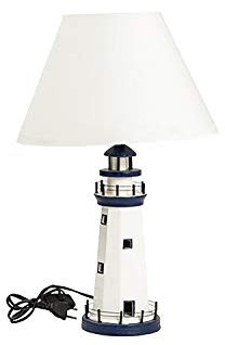 Lámpara de mesa faro, madera, blanco azul, abat-jour Estilo náutico, marinero
