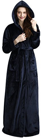 Belloo Unisex Lang Bademantel mit Kapuze Flanell Winter Morgenmantel Super Weich Flauschig,Dunkelblau,XL