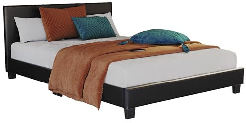 Vida Designs Lisbon Double Bed, 4Ft6 Bed Frame Upholstered Faux Leather Headboard Low Foot End Bedroom Furniture, Black (UKFR Certified)