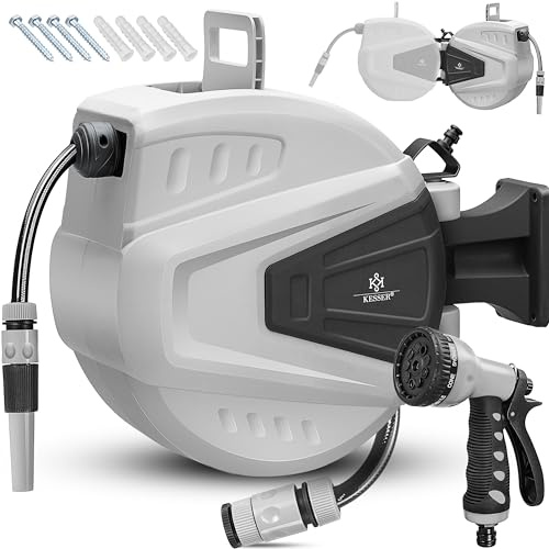 KESSER® automatische Schlauchtrommel 15 m + 2 m, Wand Schlauchbox mit Aufrollautomatik, Schlauchaufroller mit Gartenschlauch, 180° schwenkbar + Multi Handbrause mit 9 Modi, inkl. 2 Aufsätze, Grau
