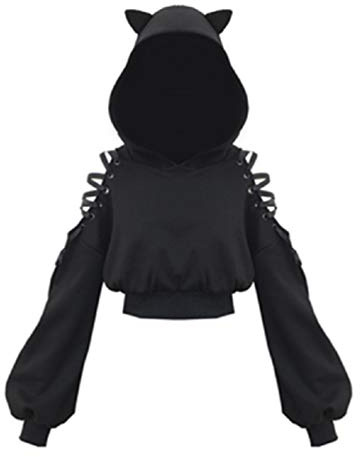 YEMOCILE Damen kattöron svart huvtröja lång arm capuzenpullover sweatshirt ihålig gotiska toppar blå, Svart, M