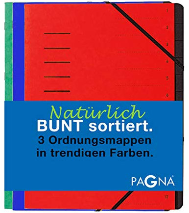 Pagna Ordnungsmappenset 12 Fächer Basic sortiert, Set mit 3 Stück, rot, blau, grün