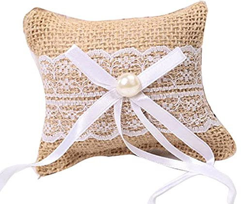 Hoshisea Vintage Hochzeit Ringkissen, Sackleinen Hochzeit Ringkissen, Spitze Blumen Jute Kissen, Präsentationsring für Heiratsantrag und Hochzeitsaccessoires (gelb 10cm)
