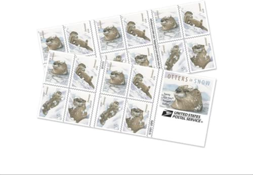 USPS 2021 Otters in Snow Forever First Class Postage Stamps Playful Theme, Winter, Holiday, Invitations, Animal Lover, Winter (1 Booklet of 20 Stamps)