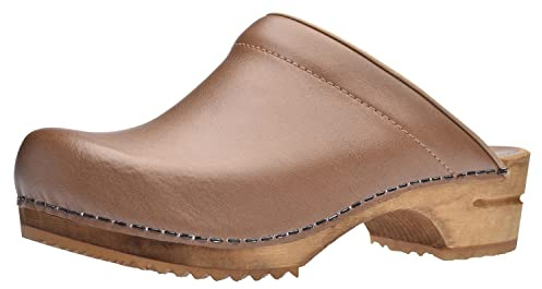 Sanita Lars offener Clog | Original handgemacht | Leder Holzclog für Herren | Nachhaltige Sohle | Cognacbraun | 40 EU