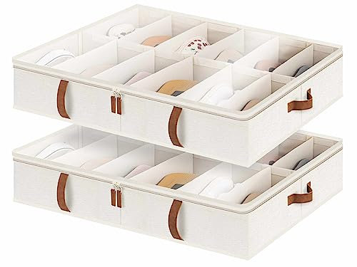 StorageWorks Under Bed Shoe Storage Organiser, Underbed Shoes Container with Adjustable Dividers Fits up to 24 Pairs, Underbed Shoe Storage Boxes with Cover, Space-Saving Shoe Box, Beige, 2-Pack