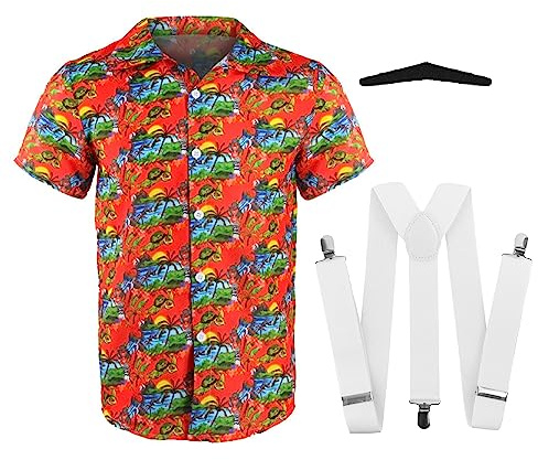Röd komedi bröder kostym för vuxna – röd skjorta med Hawaiianskt tryck, svart mustasch och gula hängslen – perfekt för par/duo uppklädning, roliga maskeradfester och andra maskeradevenemang