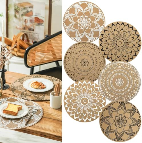 Elistonie Boho Runde Tischsets 6er Set - Waschbar, Hitzebeständig, Wasserdicht - Mandala Jute Essmatten für Bohemian Table Settings