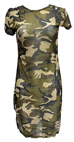 ZUYPSK Robe transparente pour femme - Robe de nuit - Mini robe de plage - Motif camouflage - Manches courtes - Sous-vêtement à col rond - Adorable