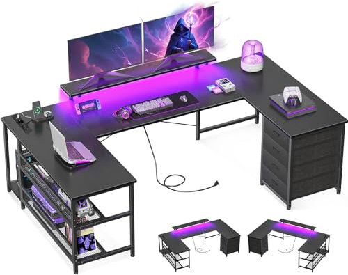 ODK Eckschreibtisch mit 4 Schubladen&Stauraum, 167×102cm Reversible Eckschreibtisch mit 2 Steckdosen und 2 USB Ladeanschluss, Gaming Schreibtisch mit LED&Monitorständer für Home Office, Schwarz