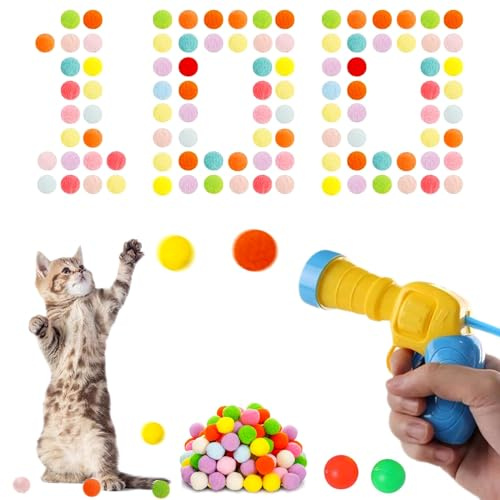 PUERFOCA Juego de 102 juguetes interactivos para gatos, divertida pistola de bolas para gatos con bolas de pompón de felpa coloridas, para entrenamiento en interiores, suministros para mascotas,